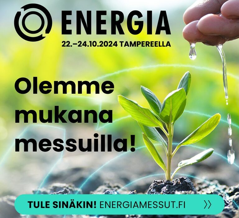 Energia tapahtuman logo ja teksti Olemme mukana messuilla