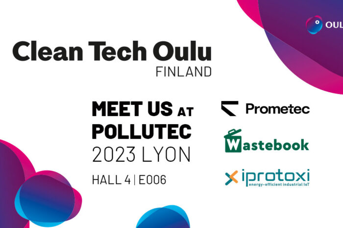 a poster titlet Clean Tech Oulu. Promtec, Iprotoxt and Wastebook company logos are included. poster welcomes to visit at pollutec exhibition