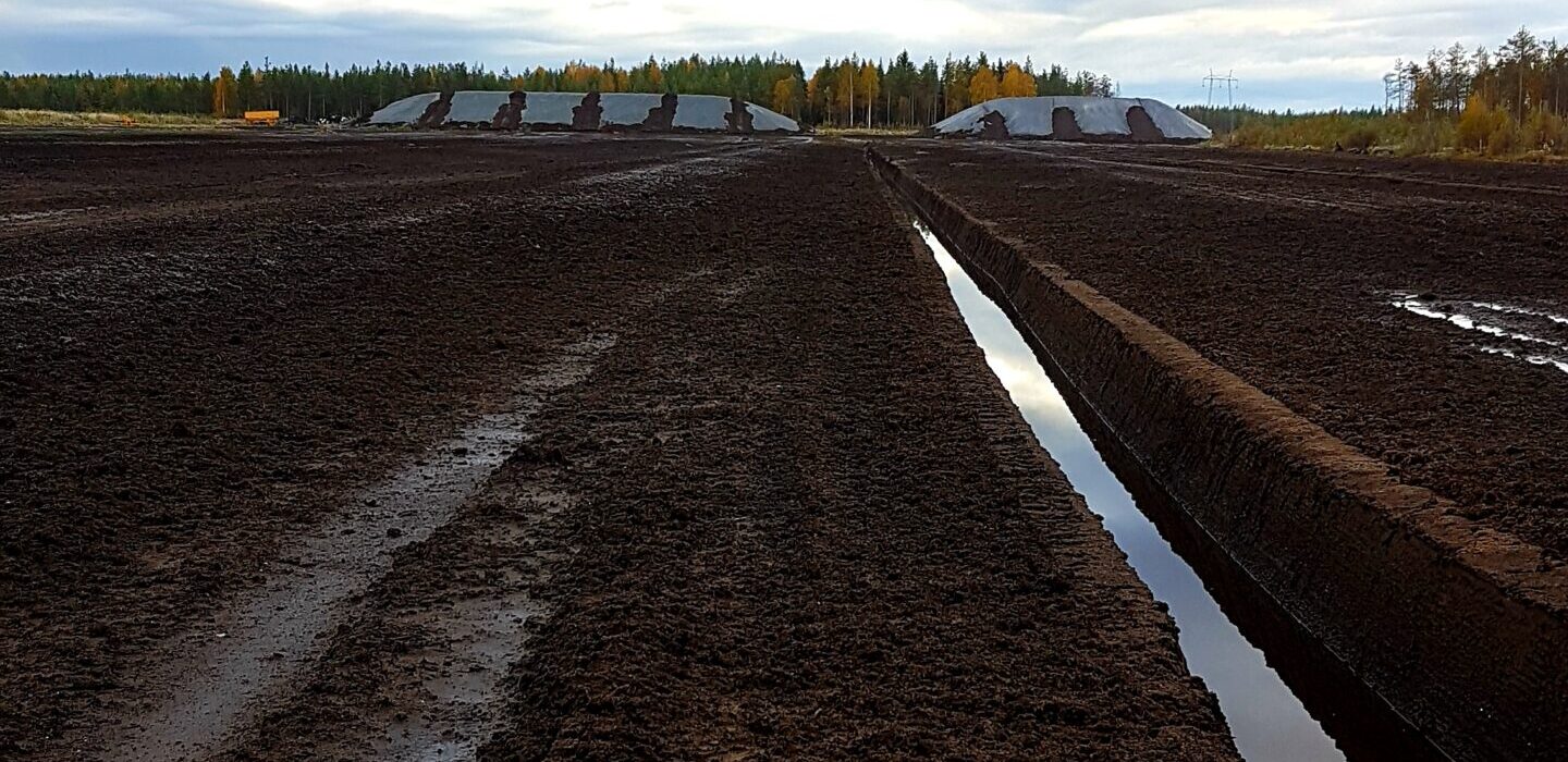 Peat production area with harvested peat fields used for energy production.